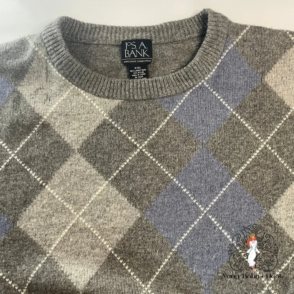 Jos. A. Bank Executive Collection XXL Gray Argyle Lambs Wool Sweater PRE…
